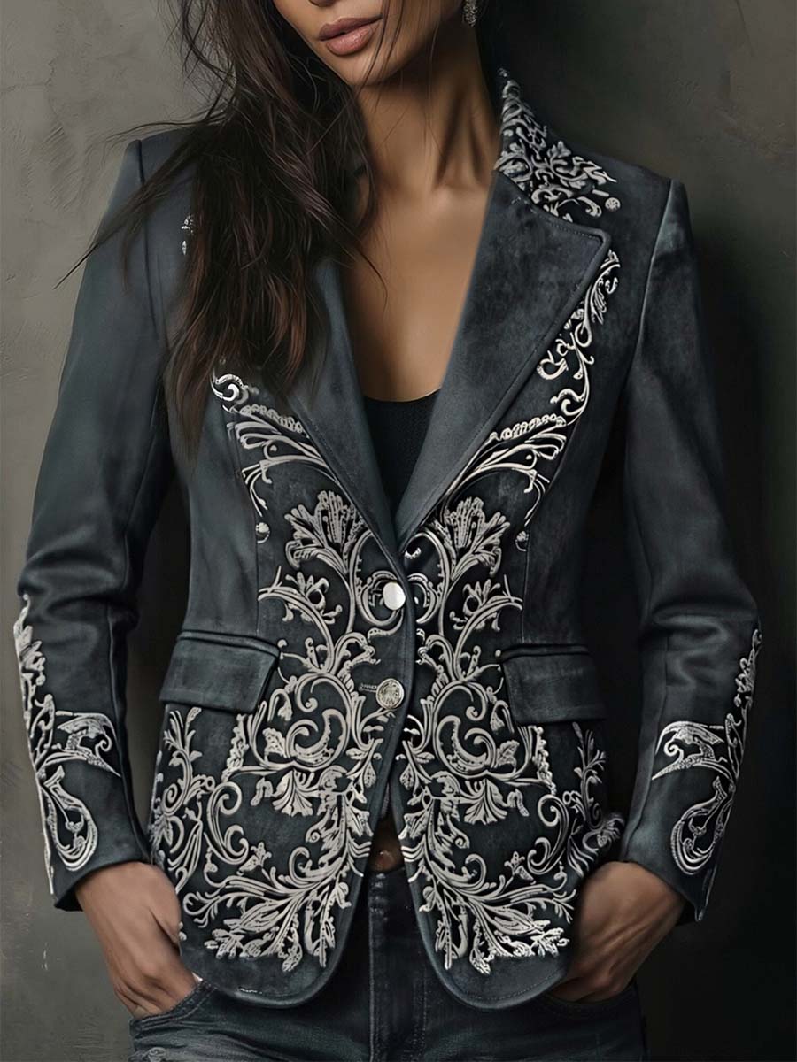 Women’s Charcoal Taupe Embossed Floral Blazer