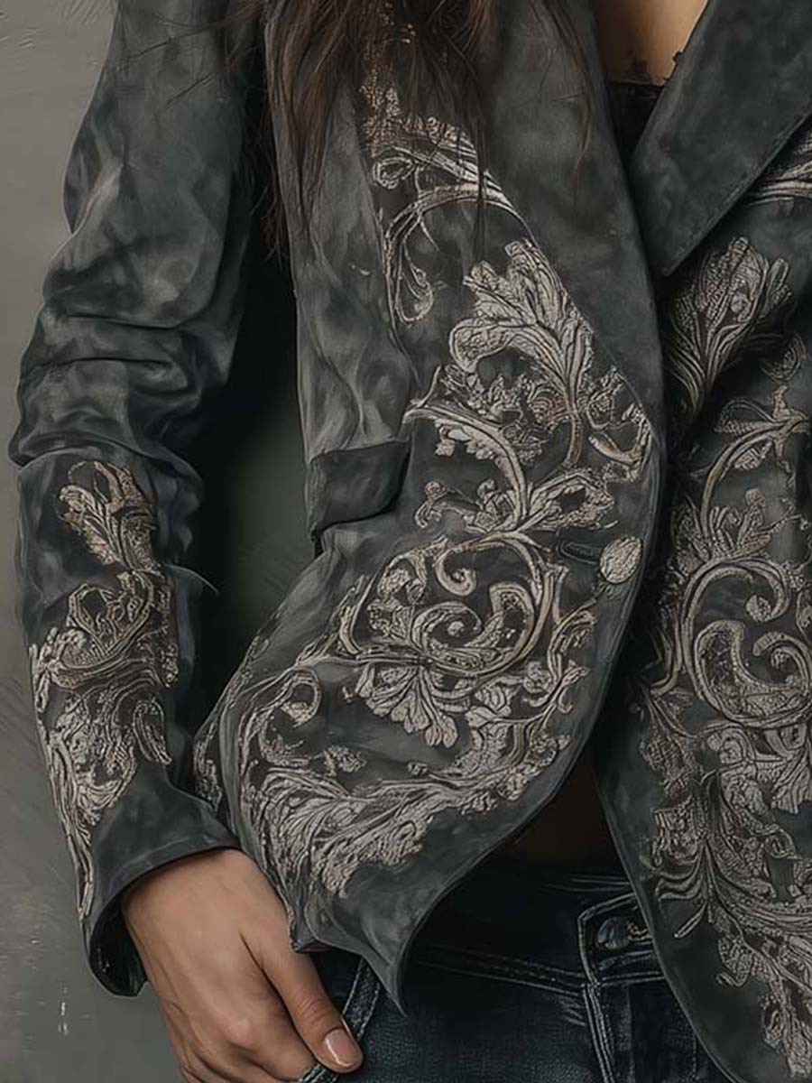 Women’s Charcoal Taupe Embossed Floral Blazer
