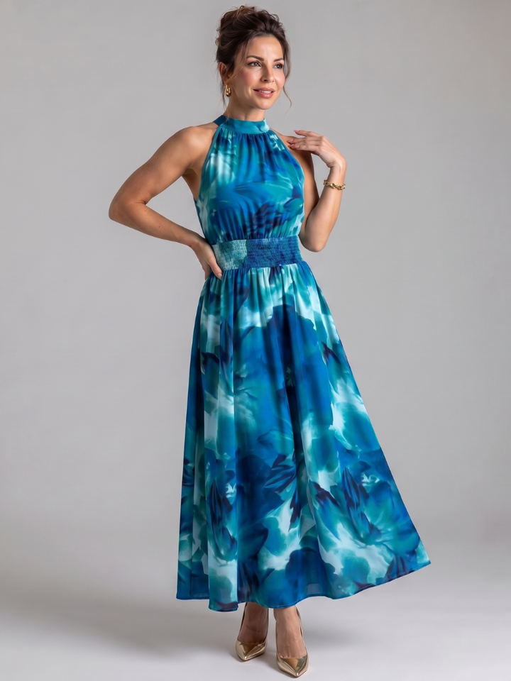 Women’s Gathered Waist Printed Midi Dress