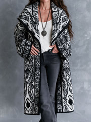 Vintage Black White Nomadic Tribal Knit Maxi Coat With Wide Shawl Collar