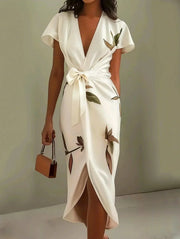 Women’s White Leaf Print Short Sleeve Midi Dress