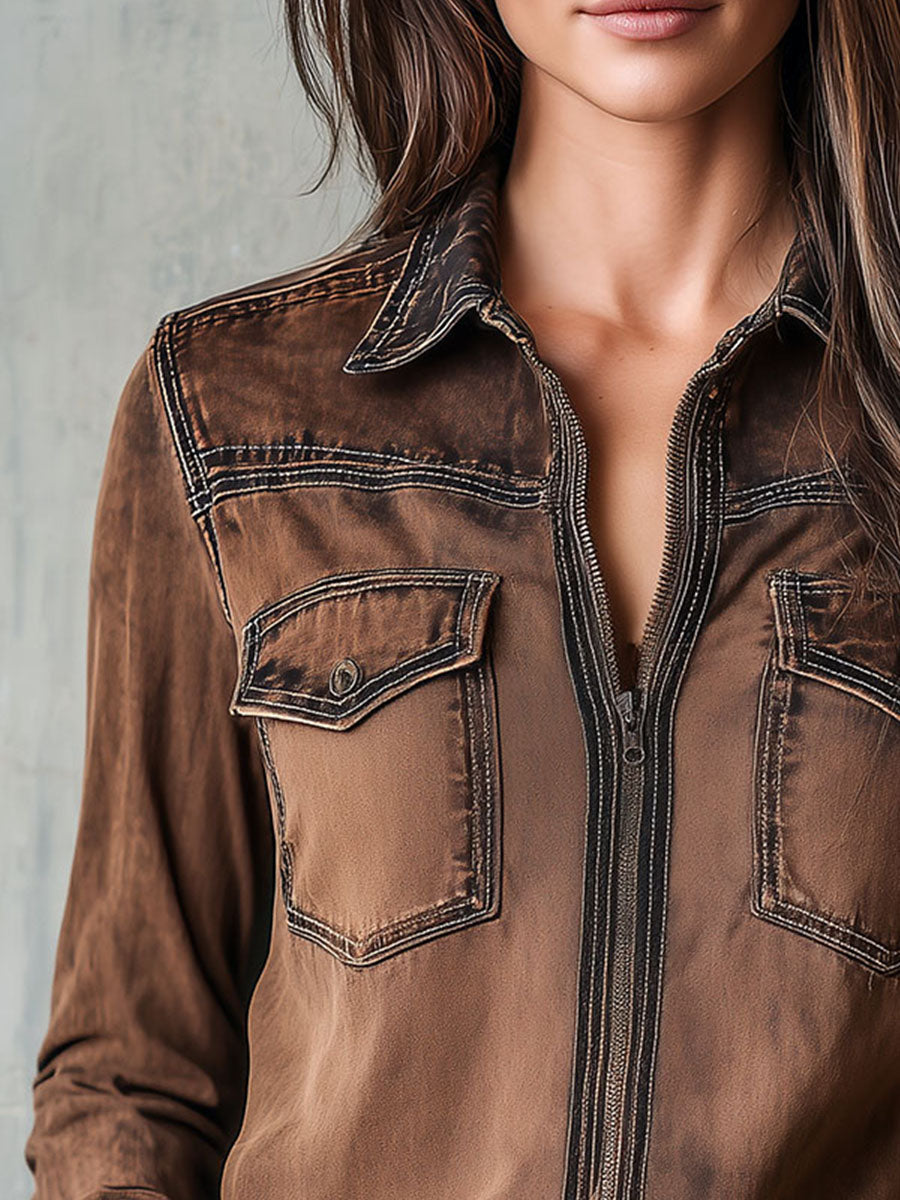 Women’s Vintage Washed Brown Contrast Stitching Utility Zip Shirt Jacket