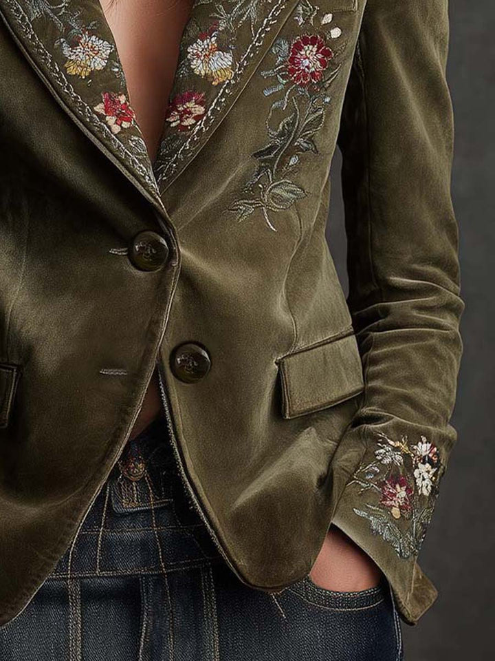 Women’s Olive Green Floral Embroidered Blazer