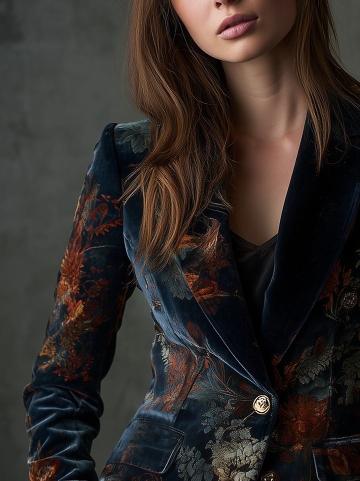 Women’s Vintage Floral Print Metal Button Blazer