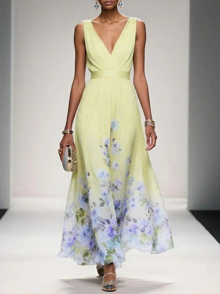Women’s Light Blue Floral V Neck Maxi Dress