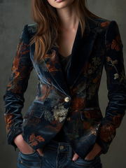 Women’s Vintage Floral Print Metal Button Blazer