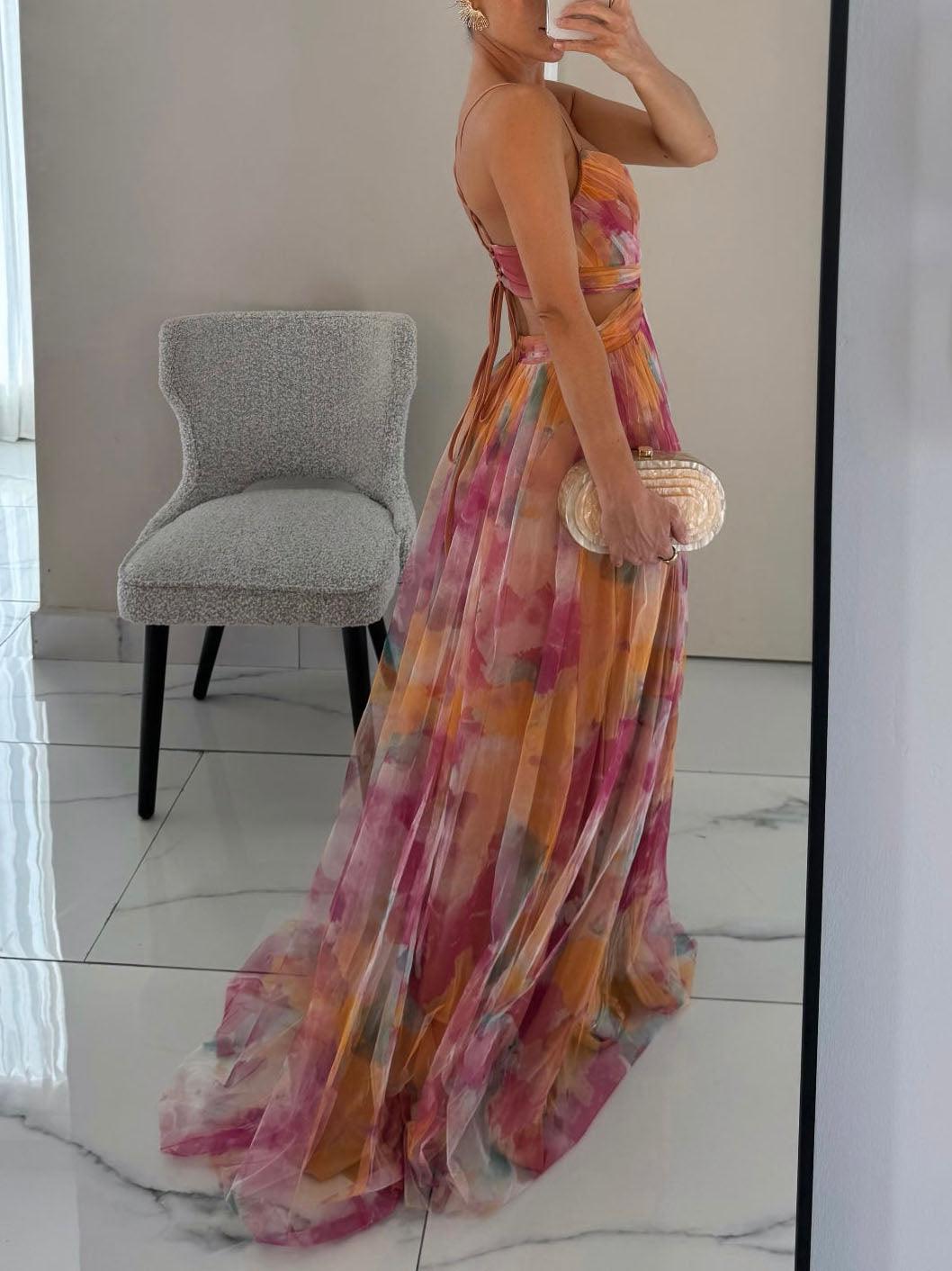Women’s Painted Floral Print V-Neck Maxi Dress
