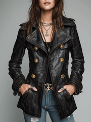 Women’s Vintage Black Double-Breasted Biker Jacket