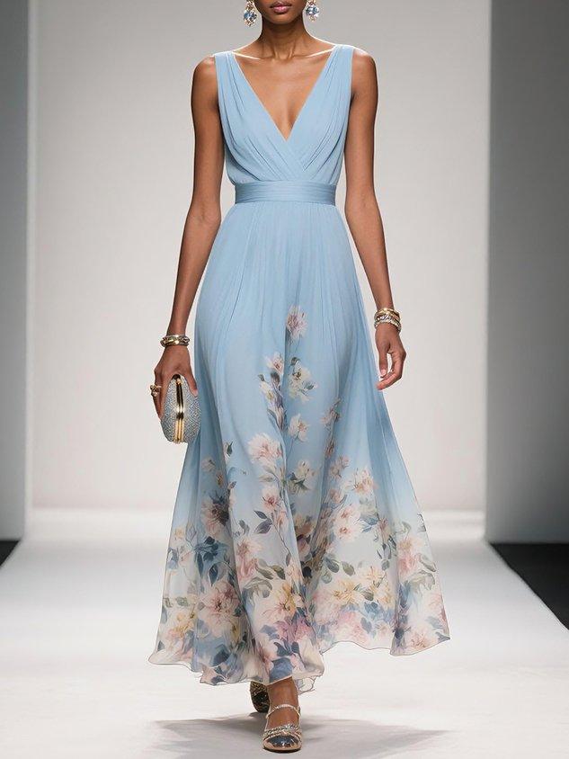 Women’s Light Blue Floral V Neck Maxi Dress