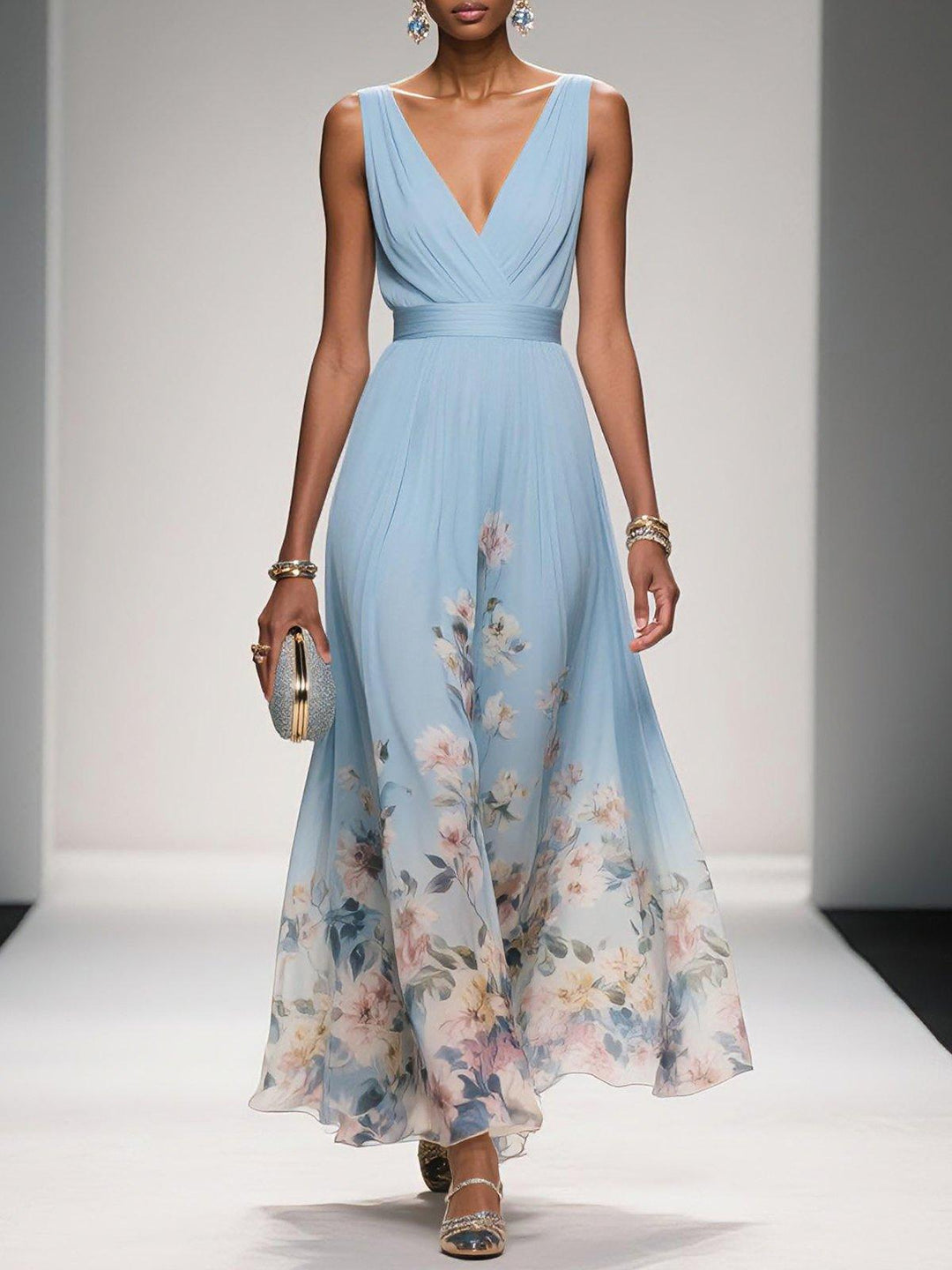 Women’s Light Blue Floral V Neck Maxi Dress