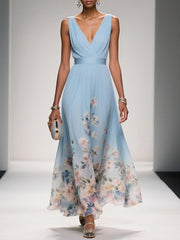 Women’s Light Blue Floral V Neck Maxi Dress