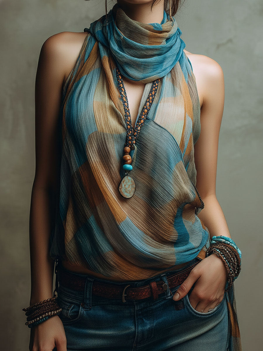 Women’s Boho Halter Scarf Neck Blouse