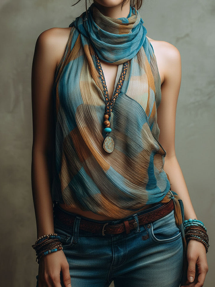 Women’s Boho Halter Scarf Neck Blouse