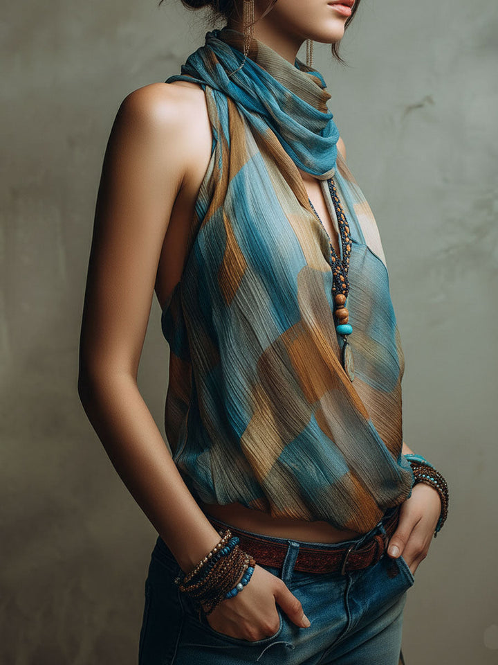 Women’s Boho Halter Scarf Neck Blouse