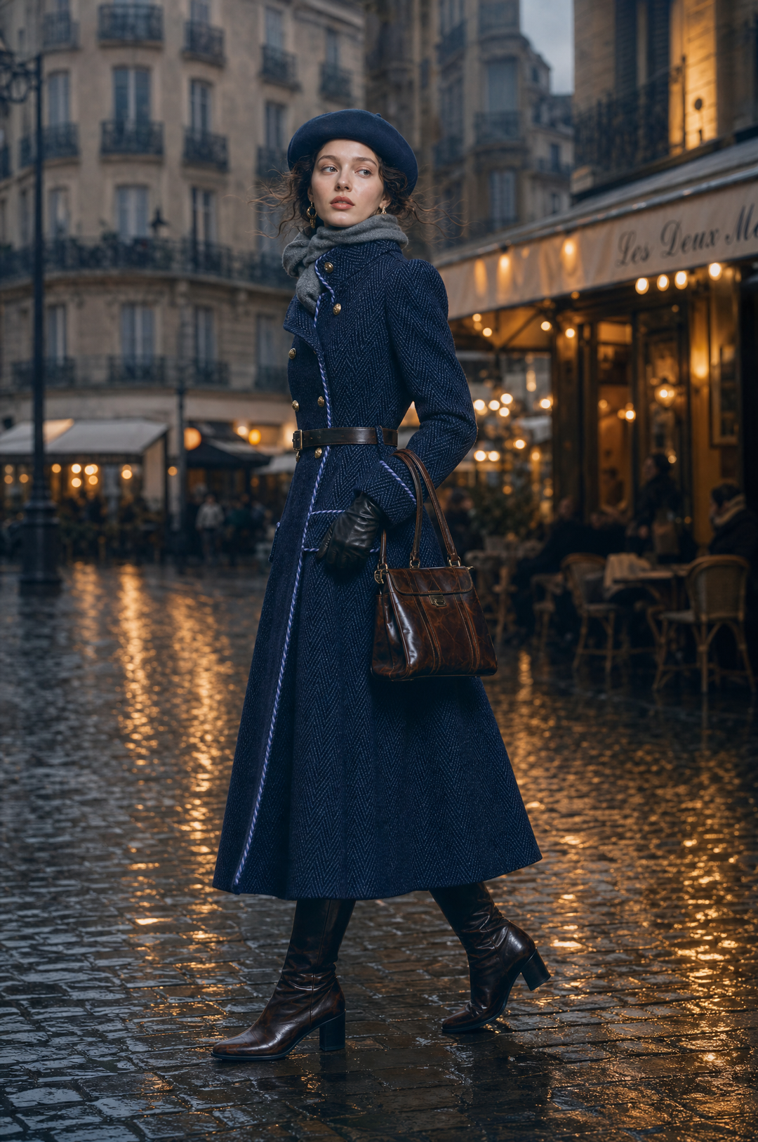Women’s Herringbone Double-Breasted Long Coat With Contrast Piping