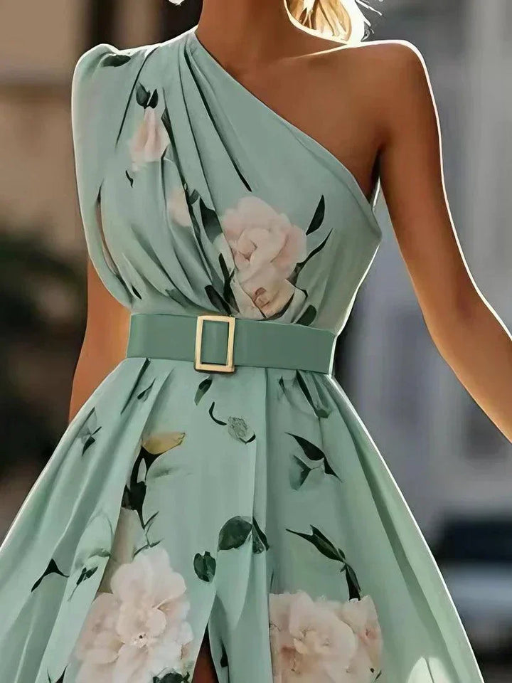 Women’s Light Green Floral One-Shoulder Maxi Dress