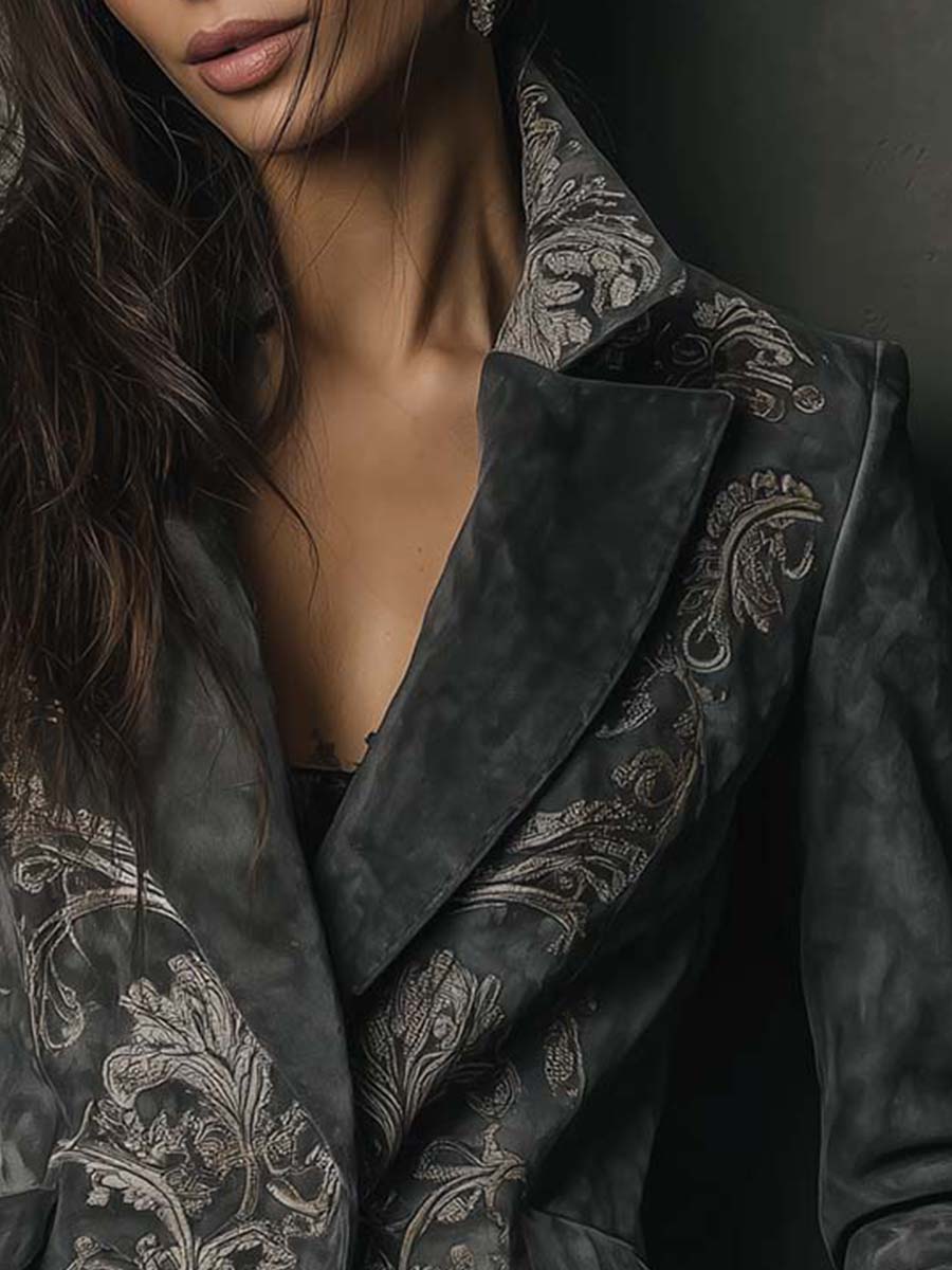 Women’s Charcoal Taupe Embossed Floral Blazer