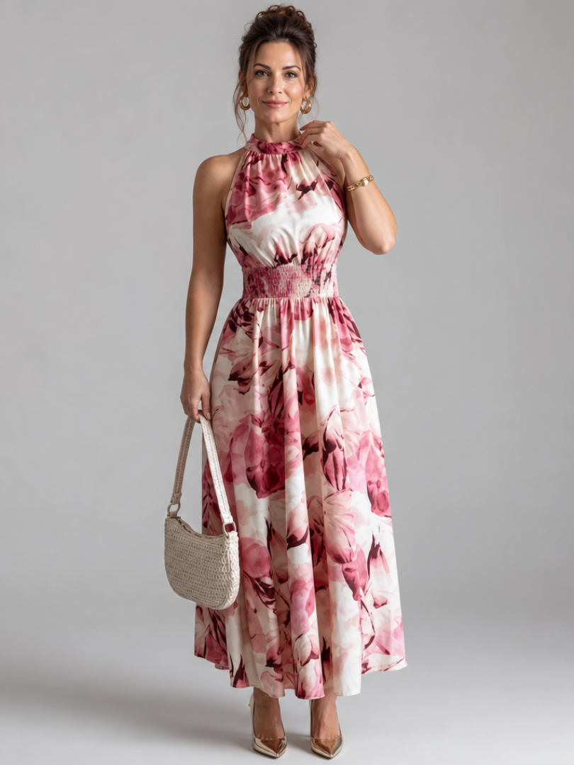 Women’s Gathered Waist Printed Midi Dress