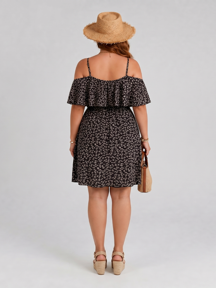 Women’s Cold Shoulder Ruffle Overlay Knee Length Dress