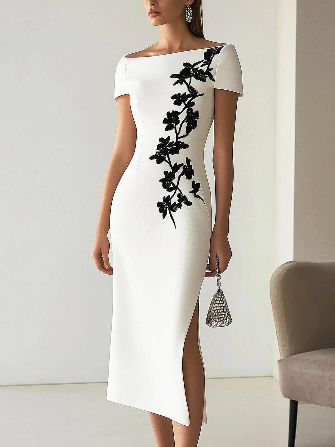 Women’s Floral Print Boat Neck Midi Dress
