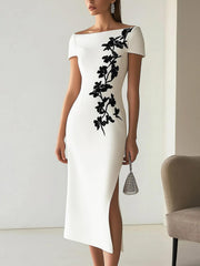 Women’s Floral Print Boat Neck Midi Dress