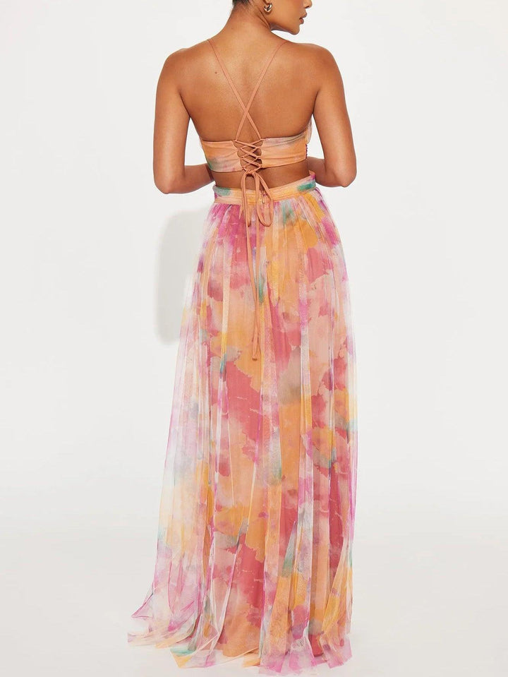 Women’s Painted Floral Print V-Neck Maxi Dress