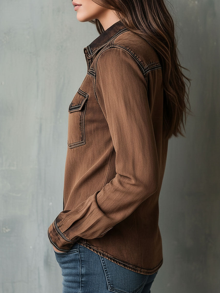 Women’s Vintage Washed Brown Contrast Stitching Utility Zip Shirt Jacket