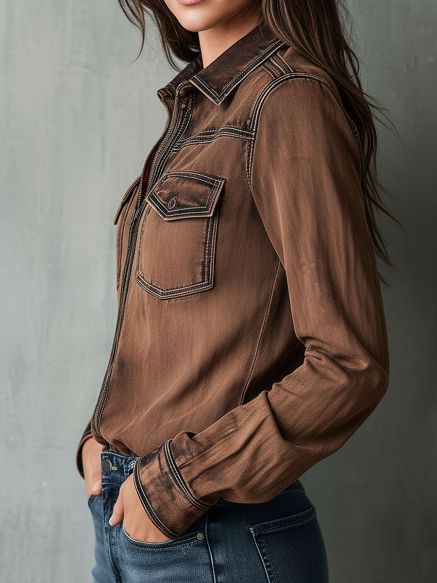Women’s Vintage Washed Brown Contrast Stitching Utility Zip Shirt Jacket