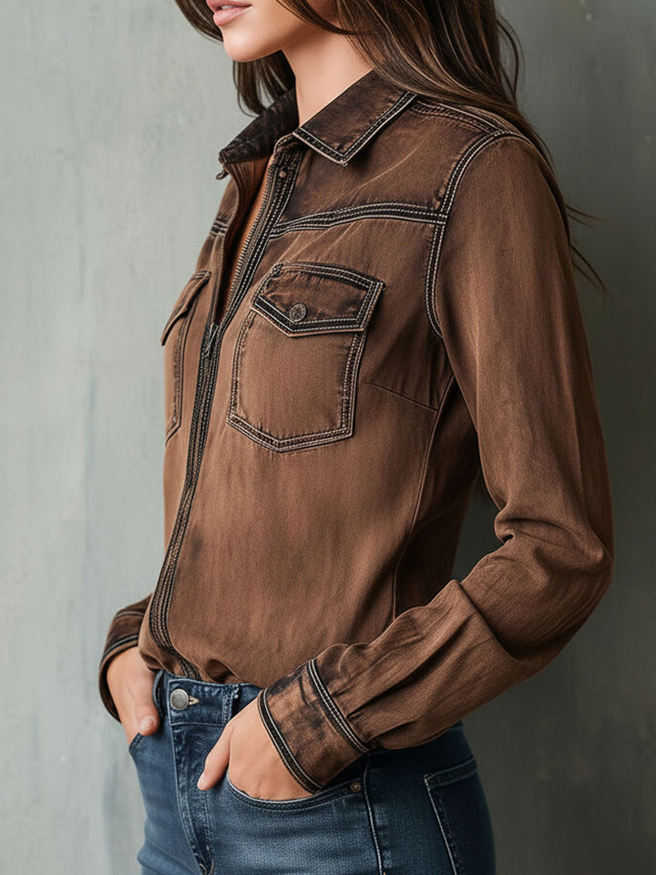 Women’s Vintage Washed Brown Contrast Stitching Utility Zip Shirt Jacket