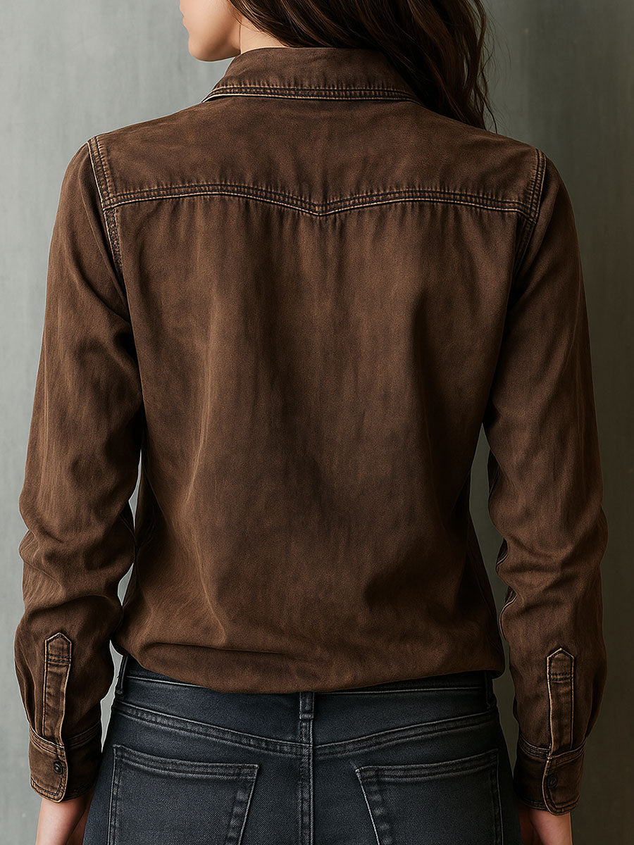 Women’s Vintage Washed Brown Contrast Stitching Utility Zip Shirt Jacket