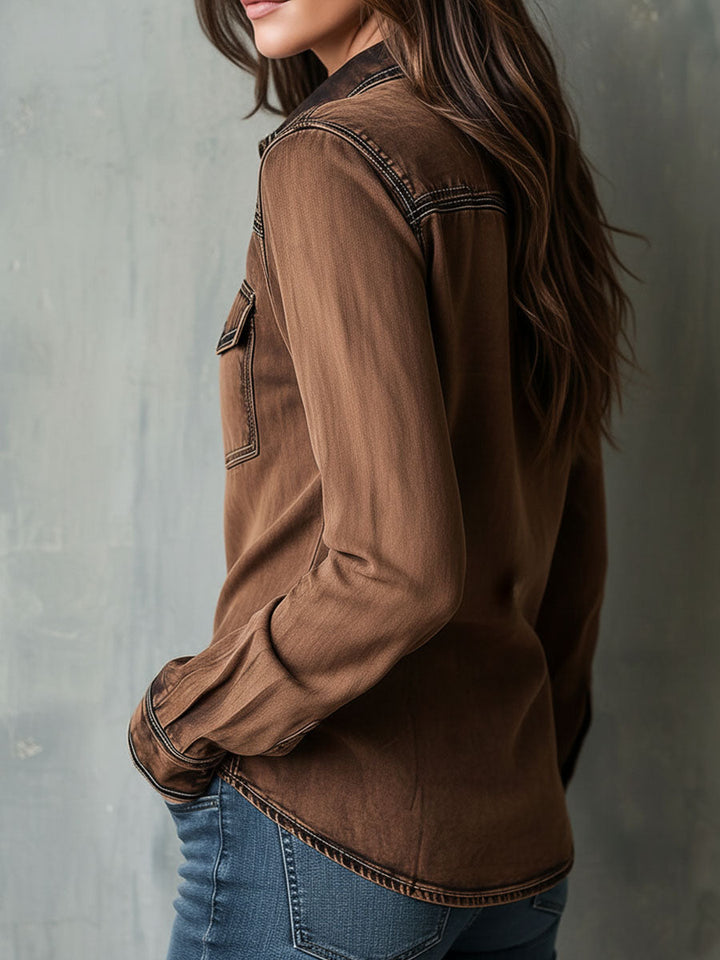 Women’s Vintage Washed Brown Contrast Stitching Utility Zip Shirt Jacket
