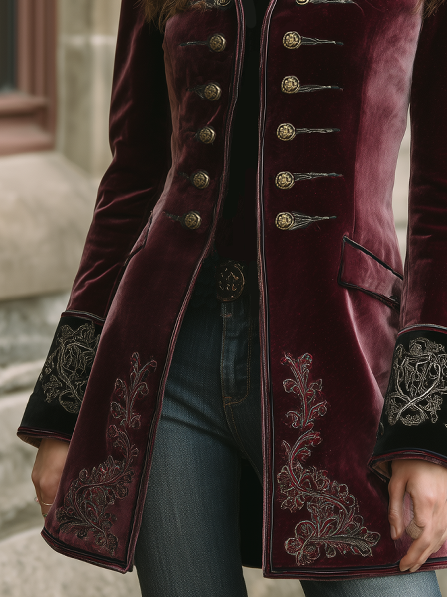 Women’s Vintage Contrast Trim Embroidered Coat