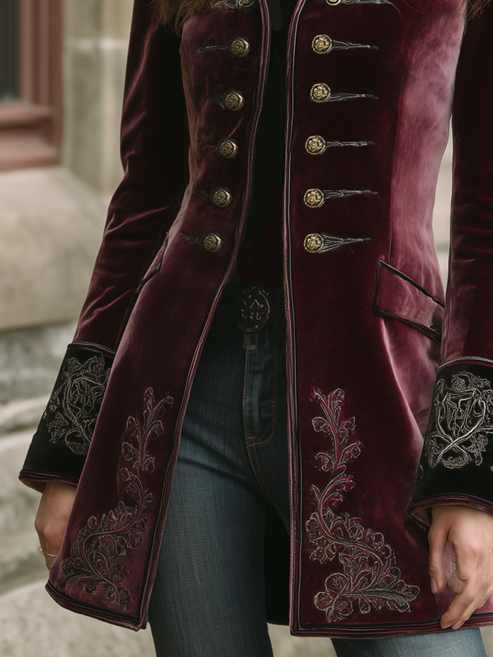Women’s Vintage Contrast Trim Embroidered Coat