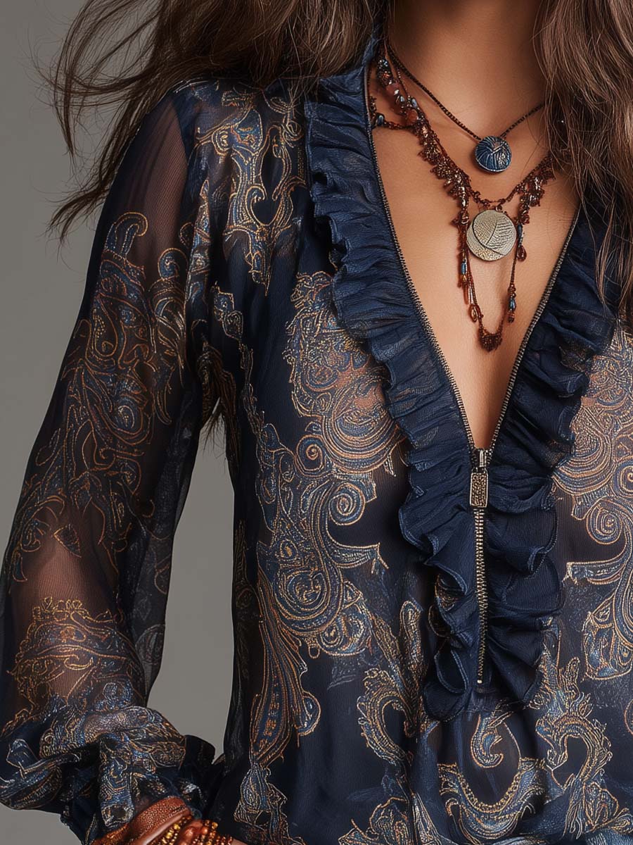 Women’s Navy Paisley Ruffle Zip Front Blouse