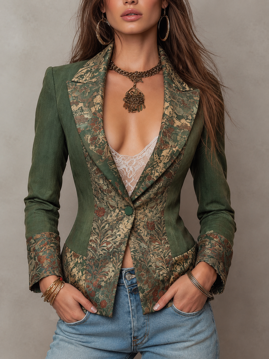 Women’s Olive Green Floral Single Button Fitted Blazer