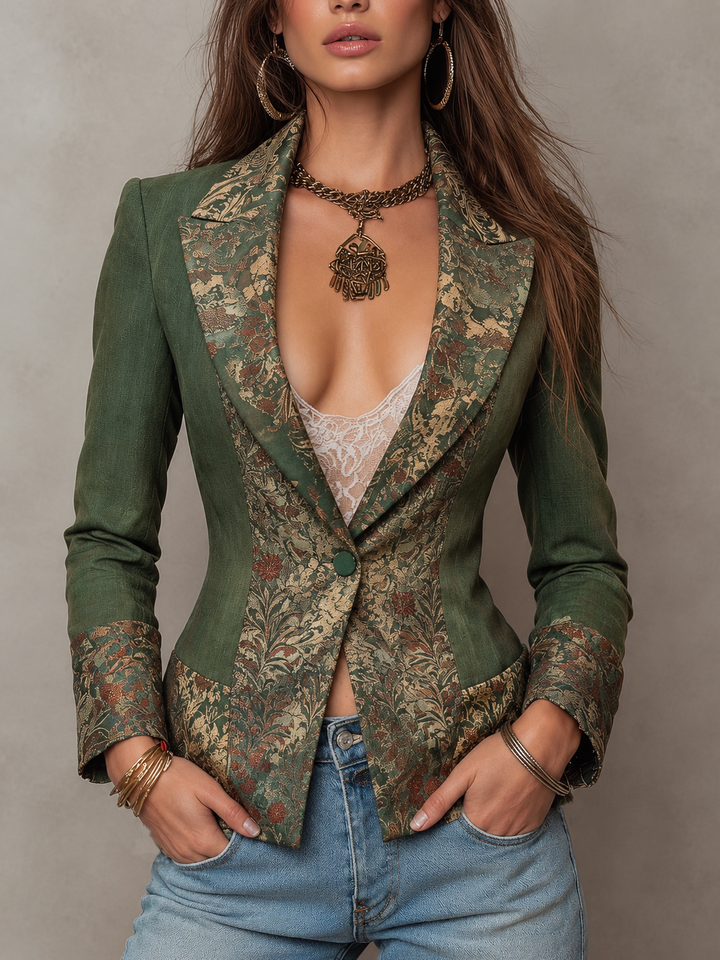 Women’s Olive Green Floral Single Button Fitted Blazer