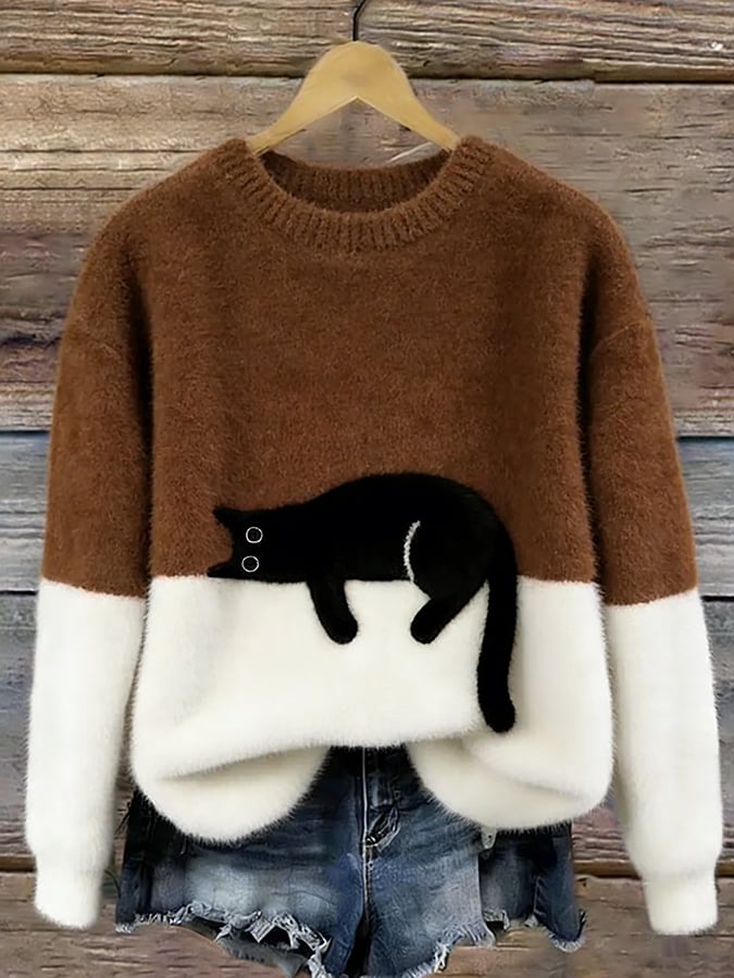 Women’s Cat Graphic Crewneck Pullover Sweater