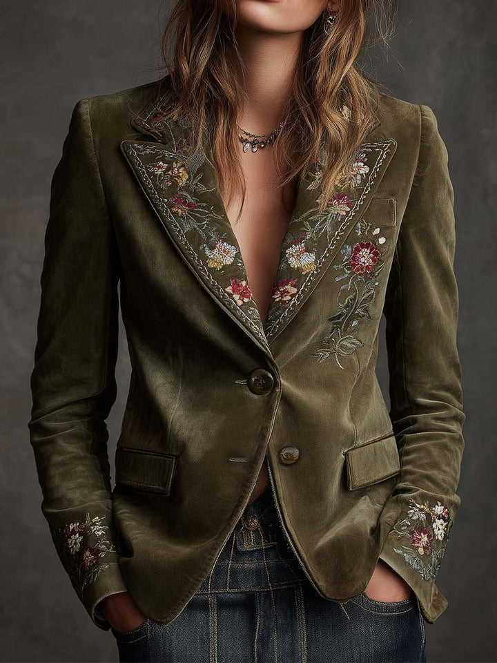 Women’s Olive Green Floral Embroidered Blazer
