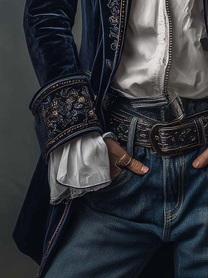 Women’s Vintage Navy Embroidered Long Jacket