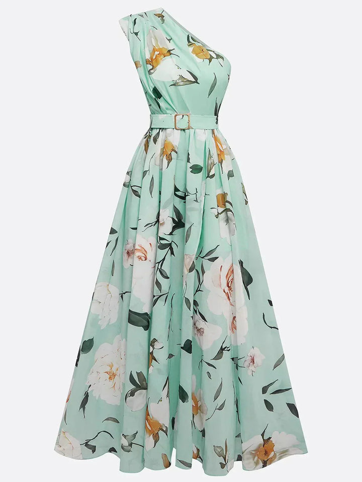 Women’s Light Green Floral One-Shoulder Maxi Dress