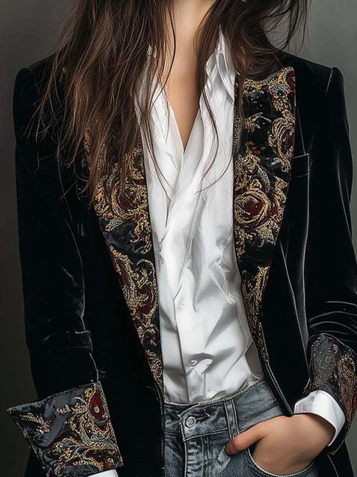 Men’s Black Baroque Print Lapel Slim Fit Blazer