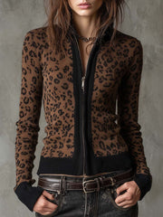 Women’s Vintage Leopard Print Slim Fit Zip Up Cardigan