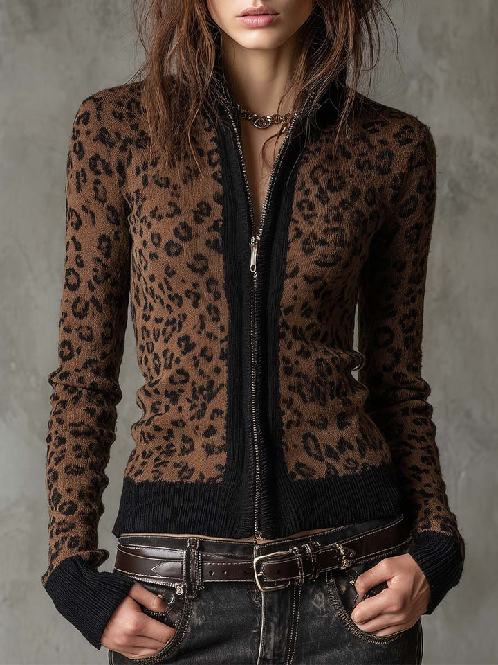 Women’s Vintage Leopard Print Slim Fit Zip Up Cardigan