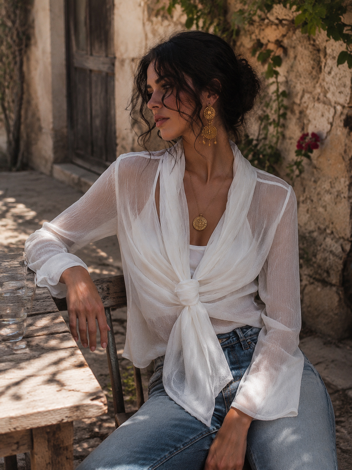 Women’s Sheer Wrap Tie Front Long Sleeve Blouse and Camisole Set