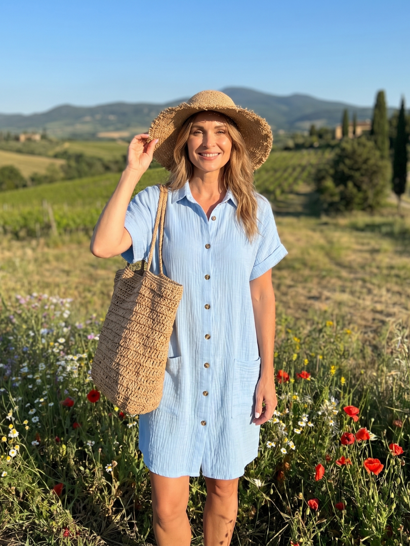 Women’s Short Sleeve Front Pockets Knee Length Dress