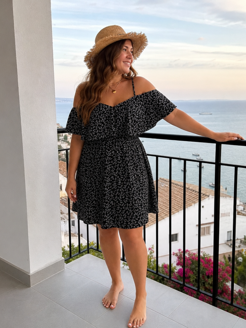 Women’s Cold Shoulder Ruffle Overlay Knee Length Dress