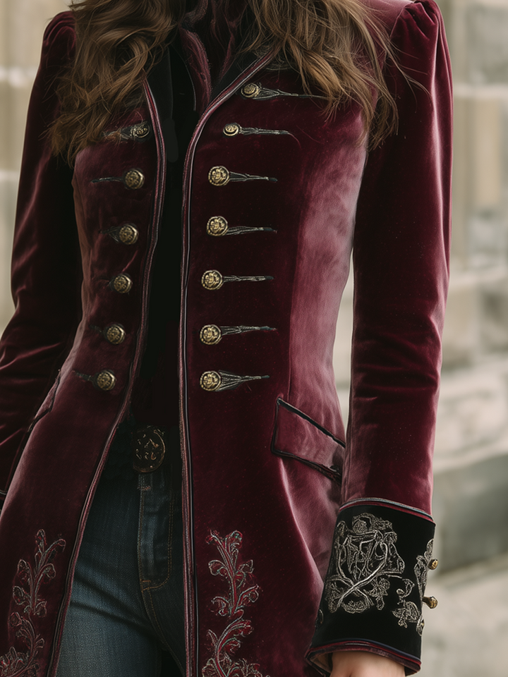 Women’s Vintage Contrast Trim Embroidered Coat