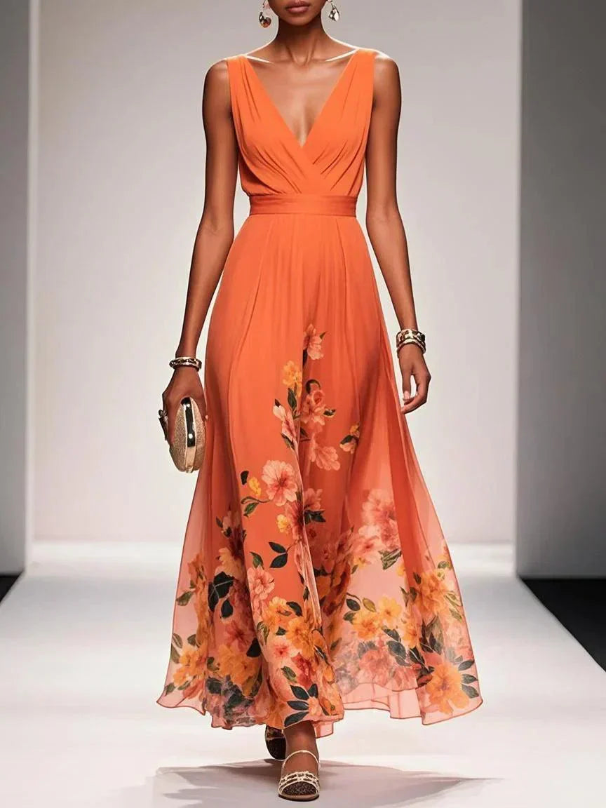 Women’s Light Blue Floral V Neck Maxi Dress