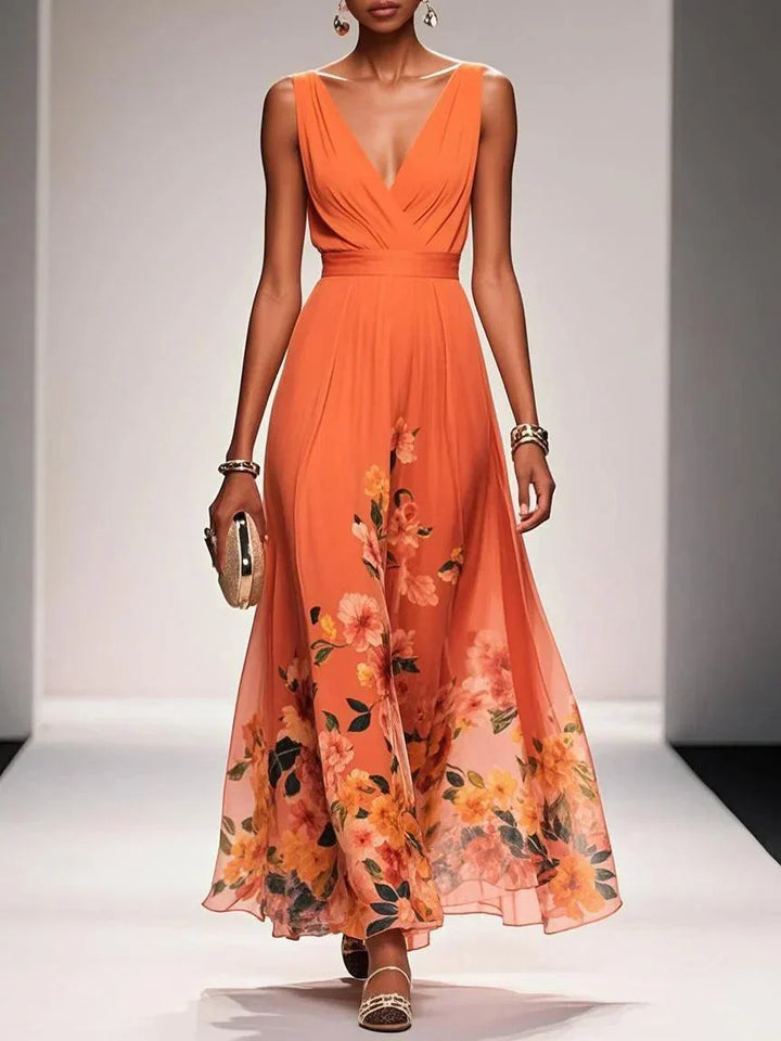 Women’s Light Blue Floral V Neck Maxi Dress