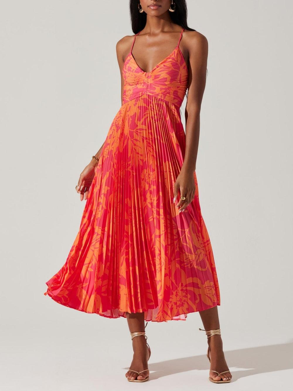 Women’s Floral Print Pleated Midi Dress